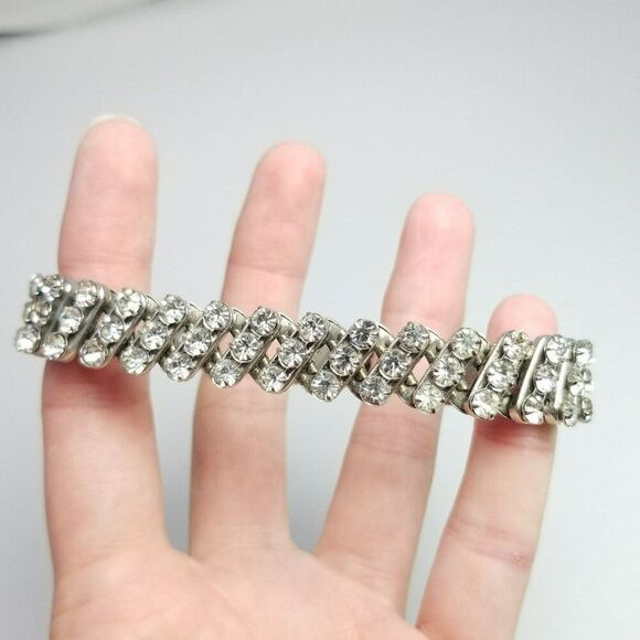 Vintage Three Row Rhinestone Expansion Stretch Bangle Bracelet British Hong Kong - Picture 2 of 8